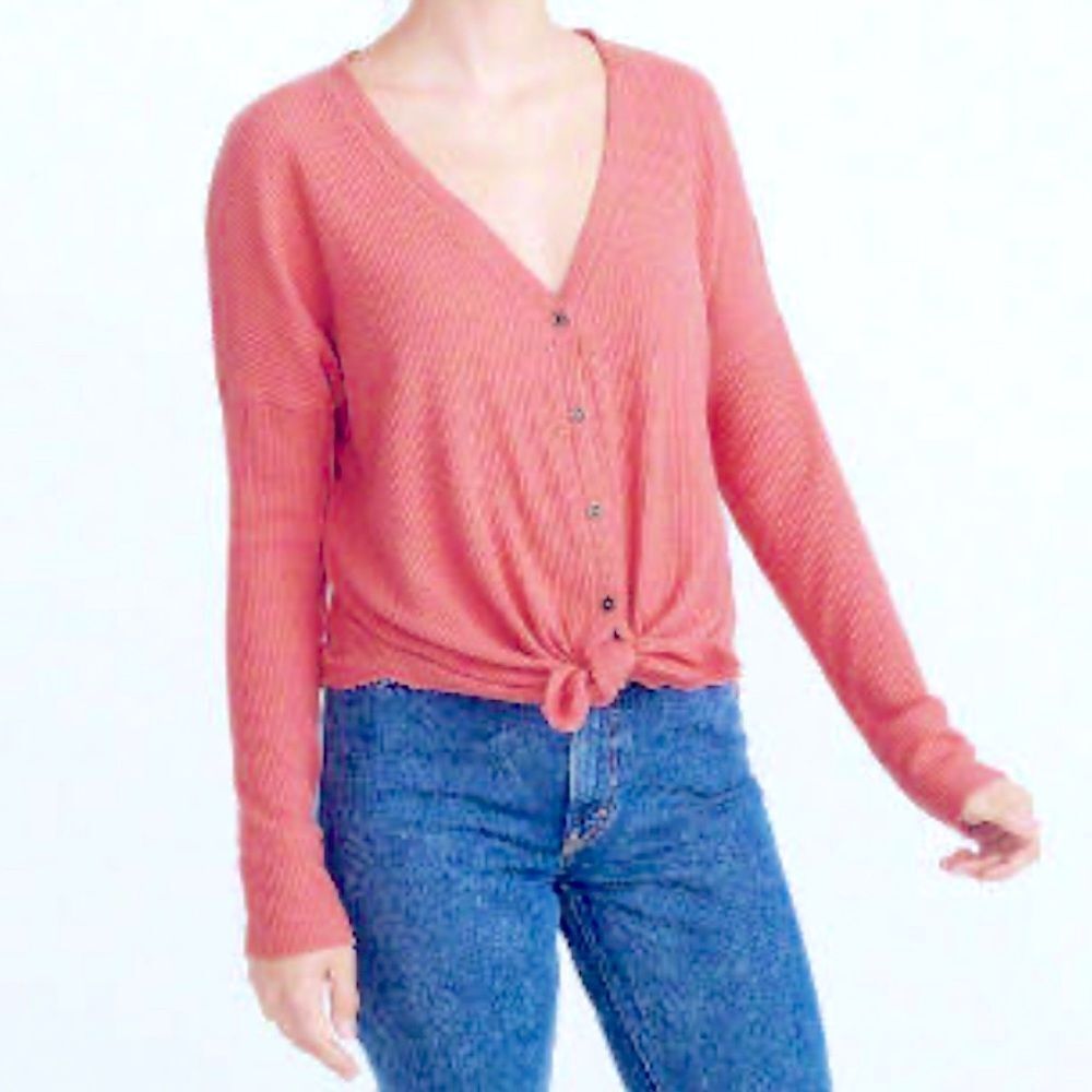 Abercrombie & Fitch Oversized Tie-Front Sweater Women's Small Salmon Ribbed Knit